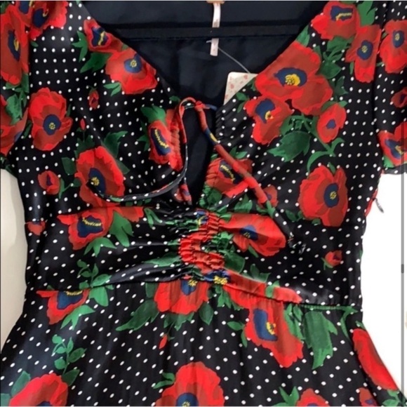 Free People Rouched Love FLORAL red Ruffle mini long sleeve dress - Picture 3 of 10